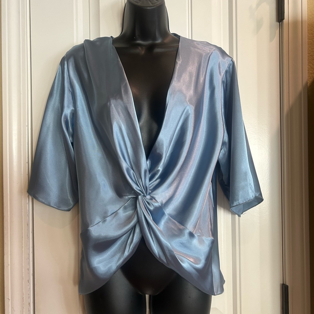 Express Light Blue Satin Twist Front Blouse